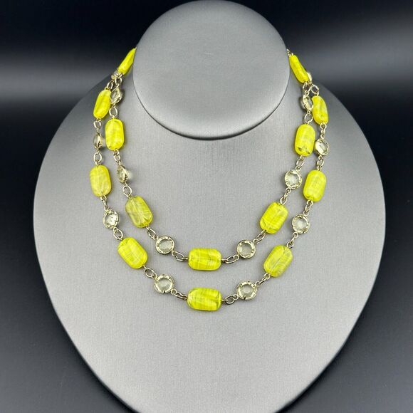 Yellow Swirl Glass Bead Crystal Gold-tone 2-strand Necklace UV Reactive GLOW VTG - Picture 16 of 16